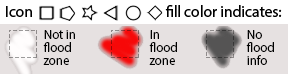 red fill=in flood zone, white fill=not in flood zone, gray fill=no flood data